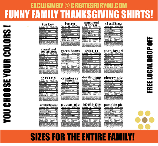 Funny Thanksgiving Nutritional Facts T-Shirts - Customizable Fall Collection